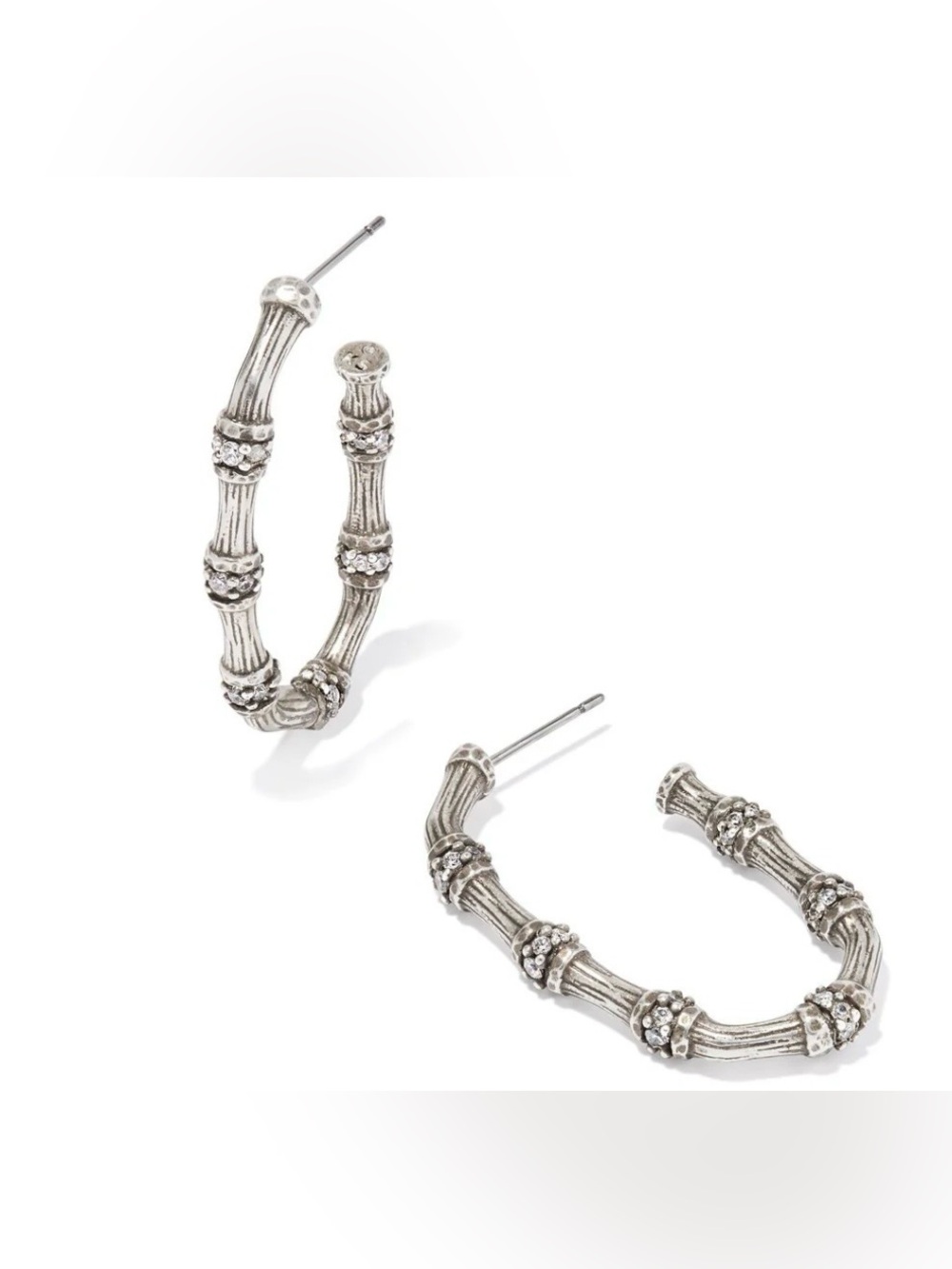 Kendra Scott NWT Maura Bamboo Hoop Earrings Vintage Silver white Crystals.